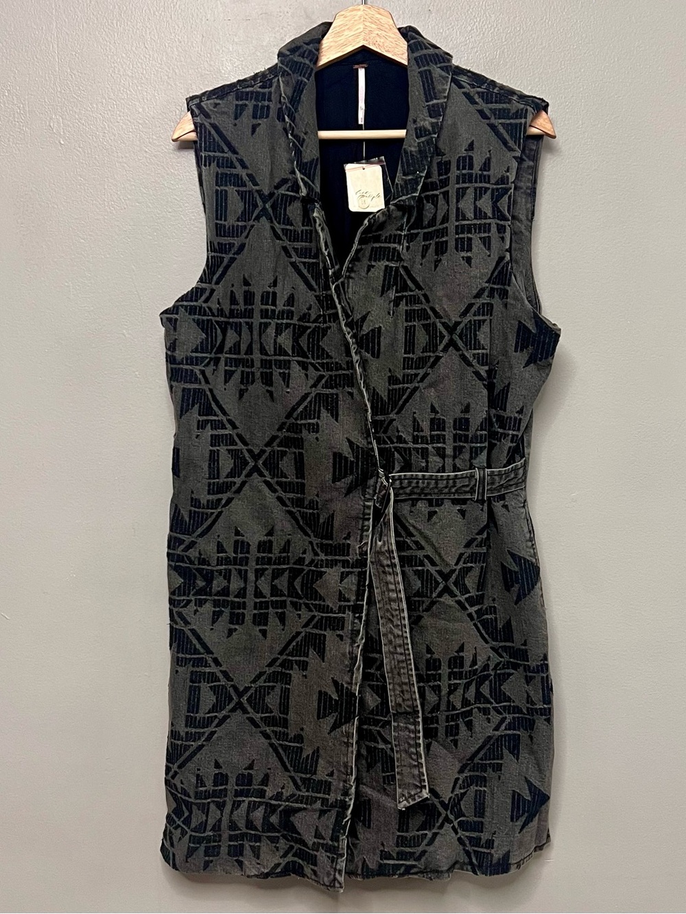 Free People Nordic Clash Geometric Aztec Print Belted Wrap Denim Vest/Dress Med